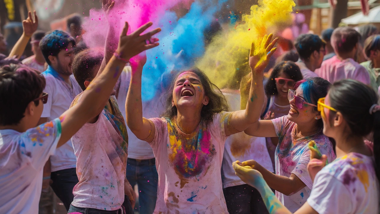 Crowd celebrating Holi festival by throwing colorful powder into the air.