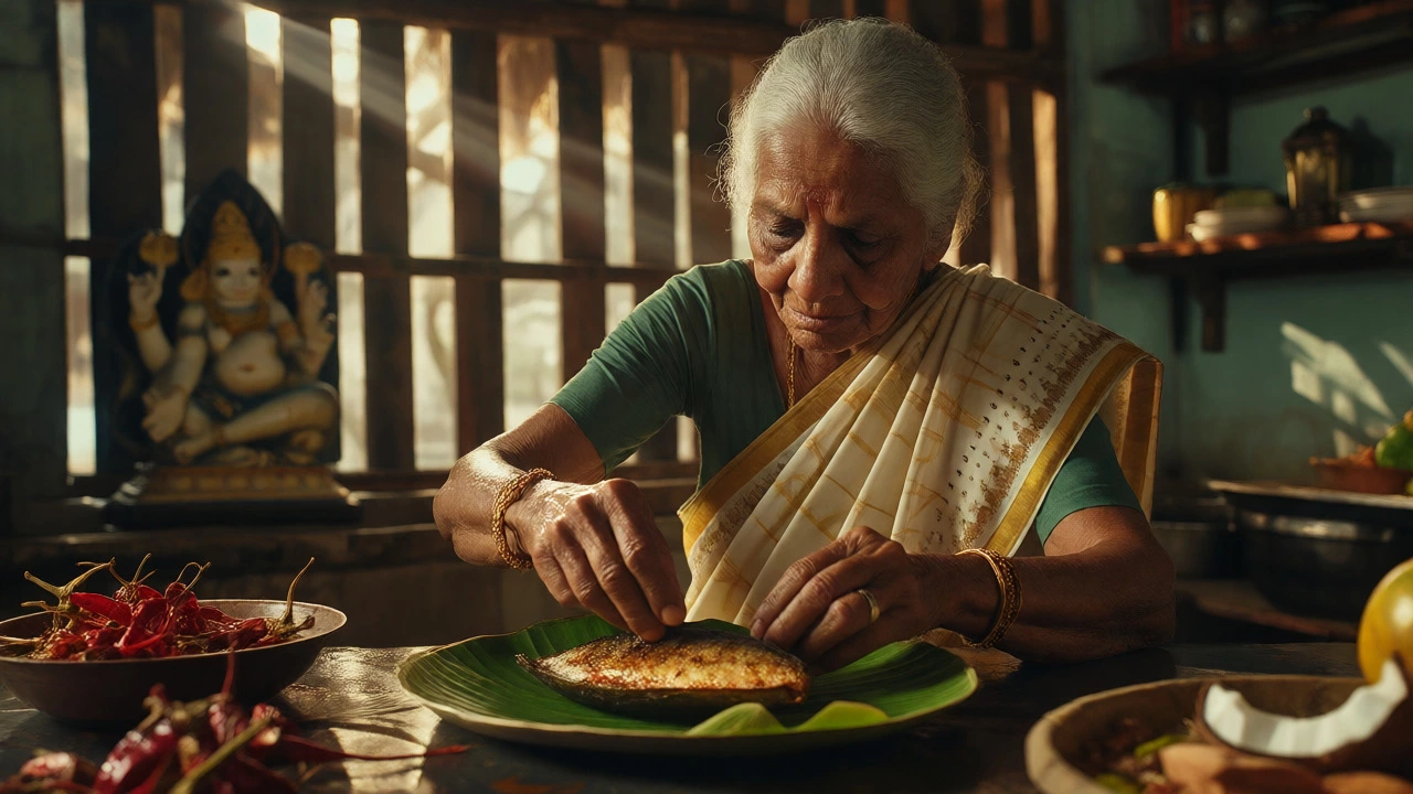 Elderly woman serving fish on a banana leaf in a sunlit coastal kitchen.