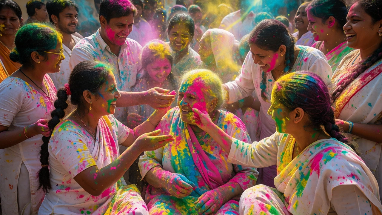 Extended family celebrating Holi with colorful powder