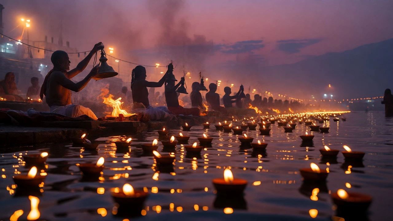 Ganga Aarti ceremony in Varanasi with floating oil lamps and incense smoke at dusk.