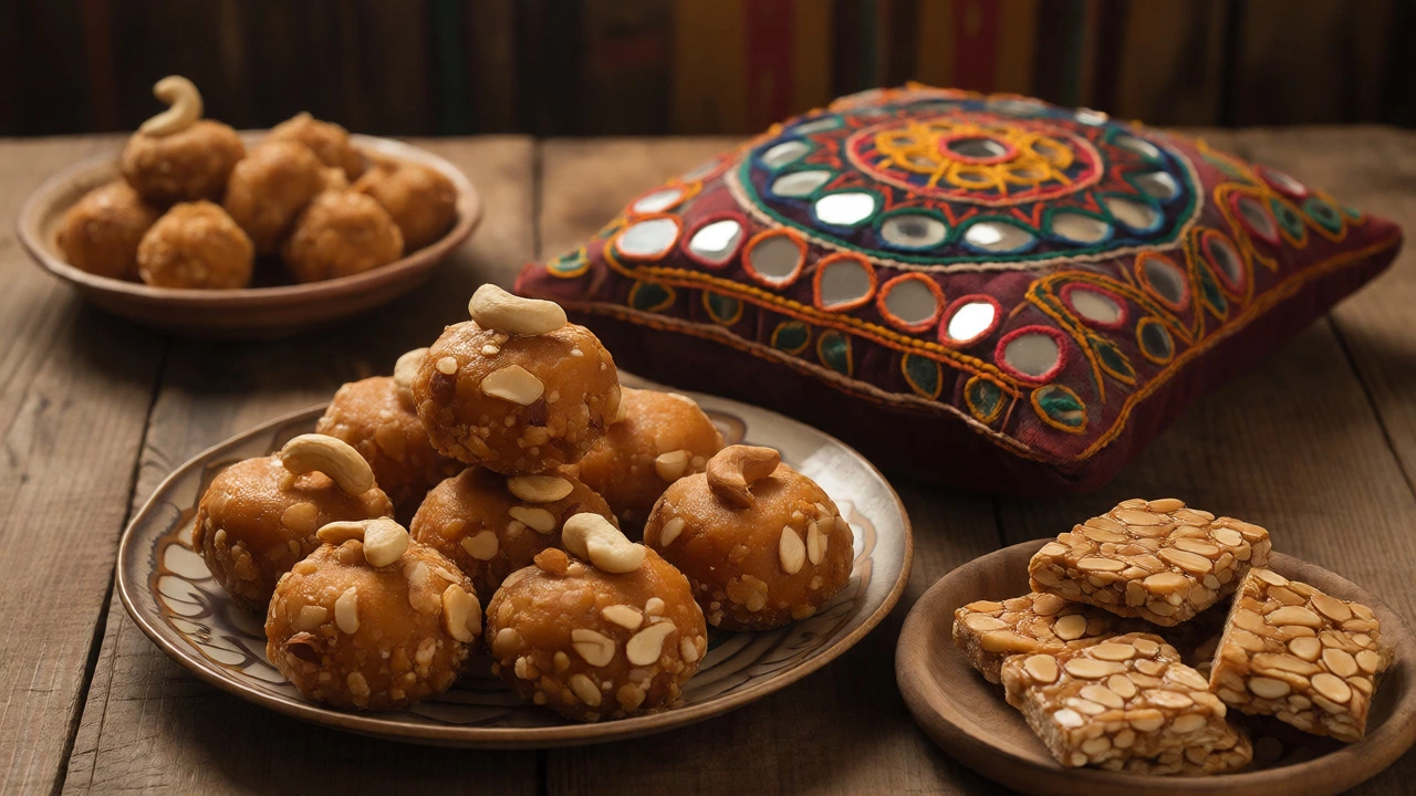 Gujarati sweets including Gharot and Chikki displayed with Kutch embroidery.
