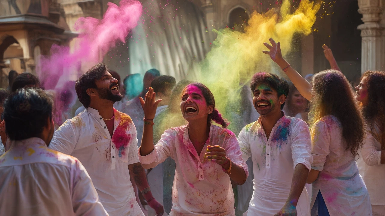 Joyful crowd throwing colorful powder during Holi festival