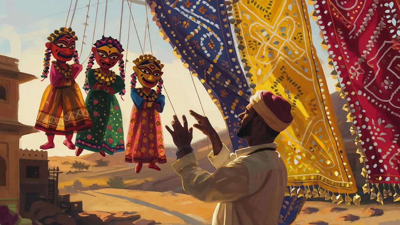 Kathputli puppets and Bandhani textiles in desert light