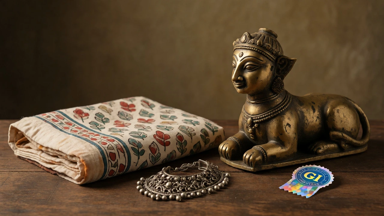 Still life of brass statue, block-printed fabric, and silver jewelry with GI tag.