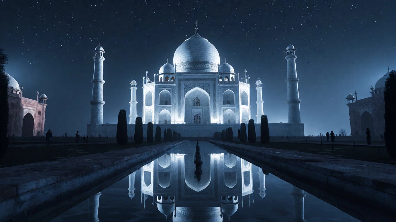 Taj Mahal illuminated by moonlight reflecting in the water at night