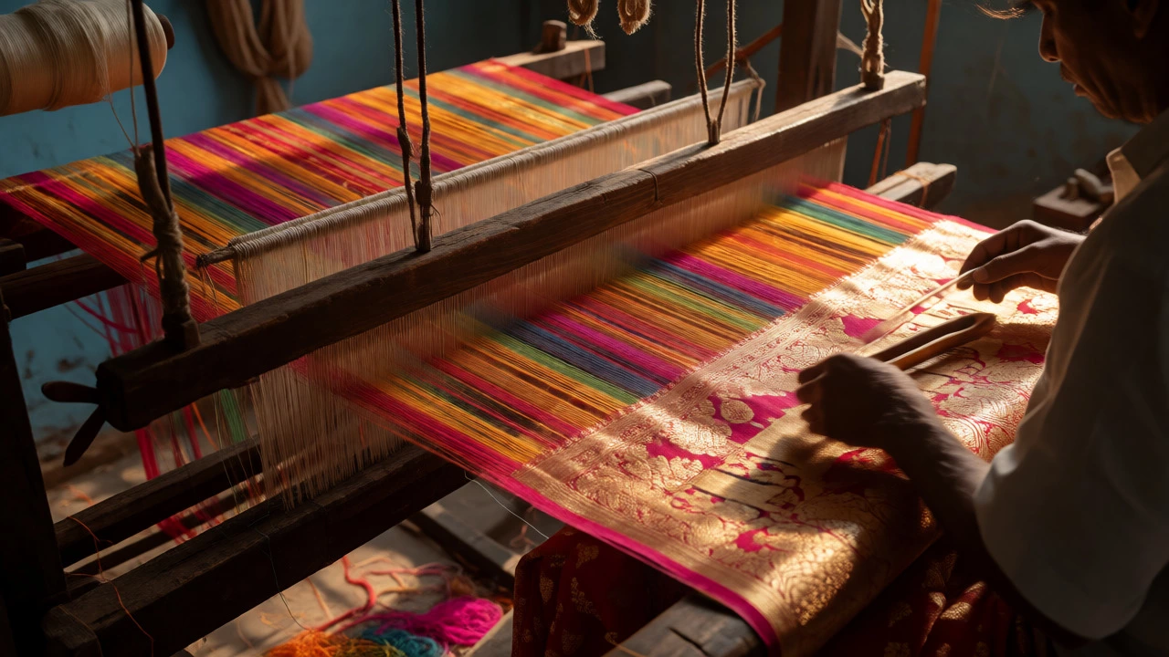 Weaver operating a traditional loom to create a golden-threaded Banarasi silk saree.