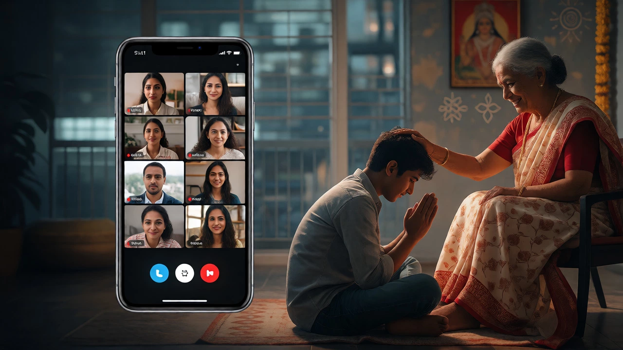 Young person touching elders' feet while on a video call